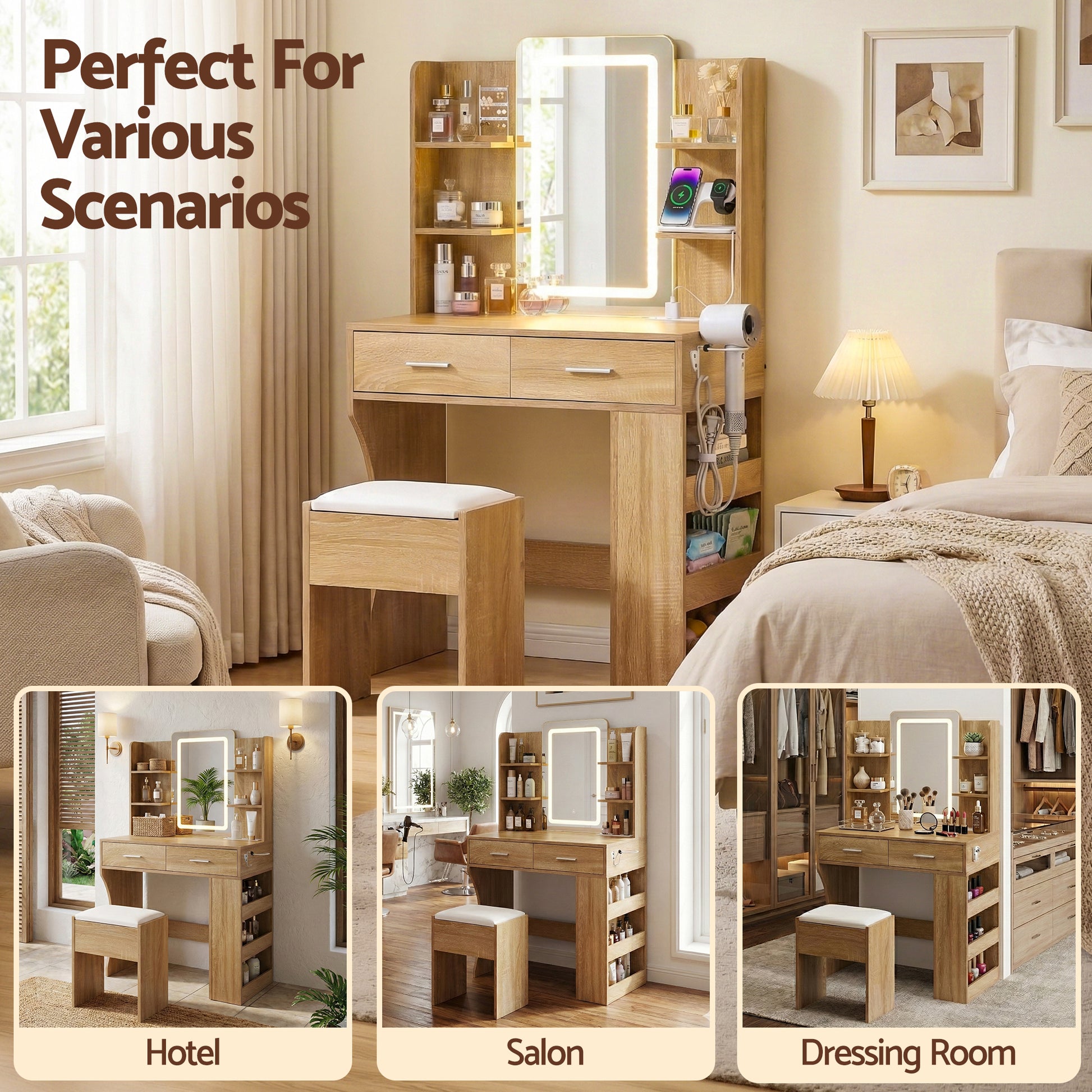 Artiss Dressing Table LED Vanity Desk Set Stool Wood - Image 8