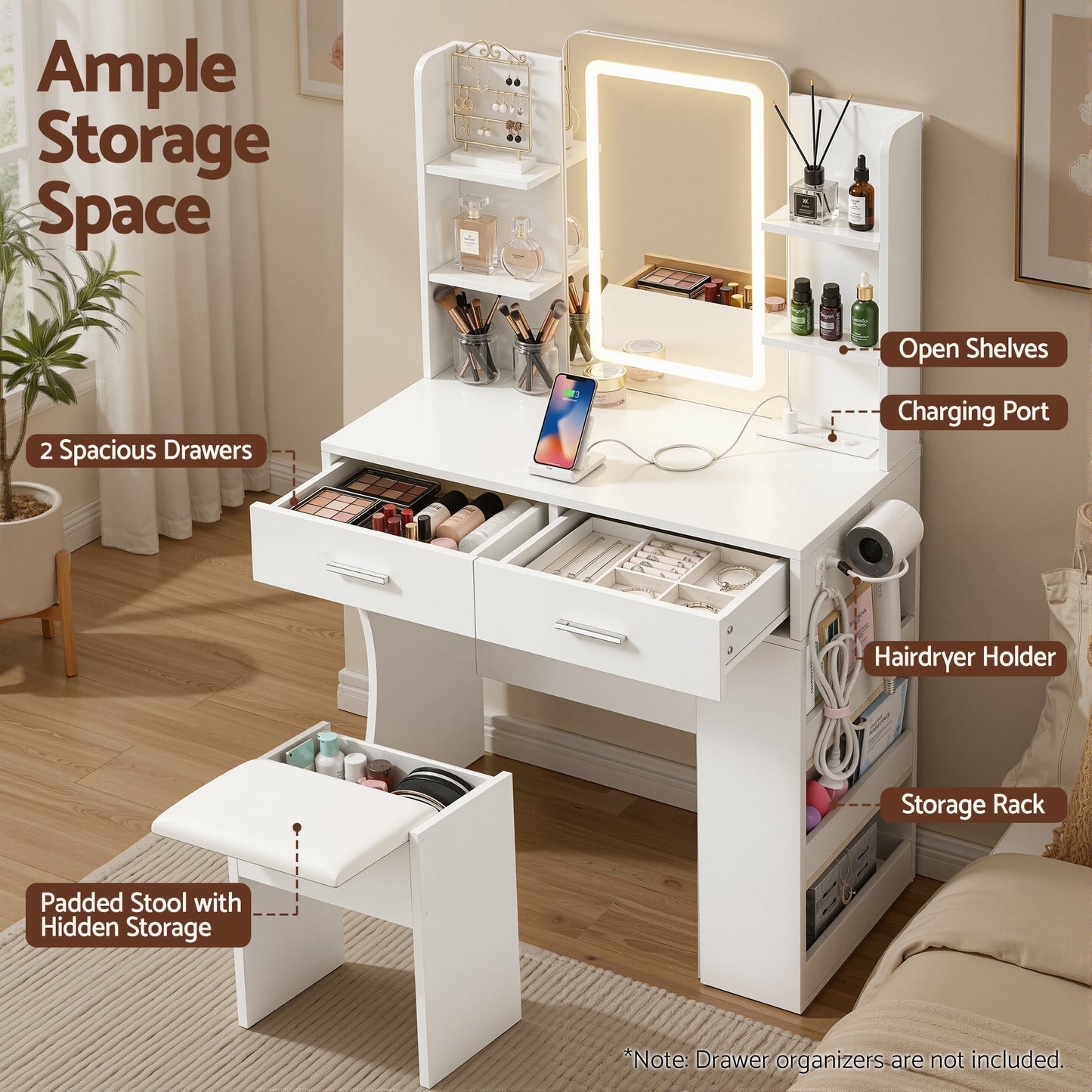 Artiss Dressing Table LED Vanity Desk Set Stool White - Image 6
