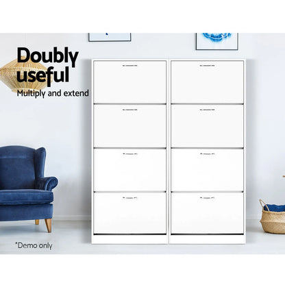 Artiss 2x Shoe Cabinet Storage Organiser 4 Flip Drawer White - Image 7