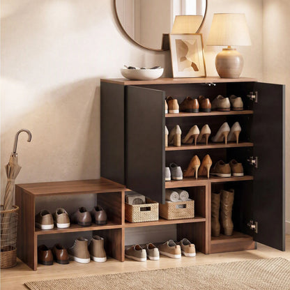 Artiss 2-IN-1 Shoe Cabinet Bench w/ Adjustable Shelf Hallway Walnut & Black