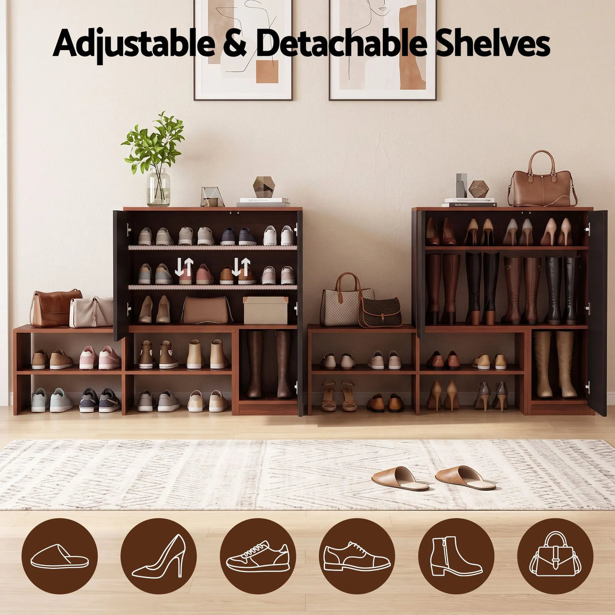 Artiss 2-IN-1 Shoe Cabinet Bench w/ Adjustable Shelf Hallway Walnut & Black - Image 8
