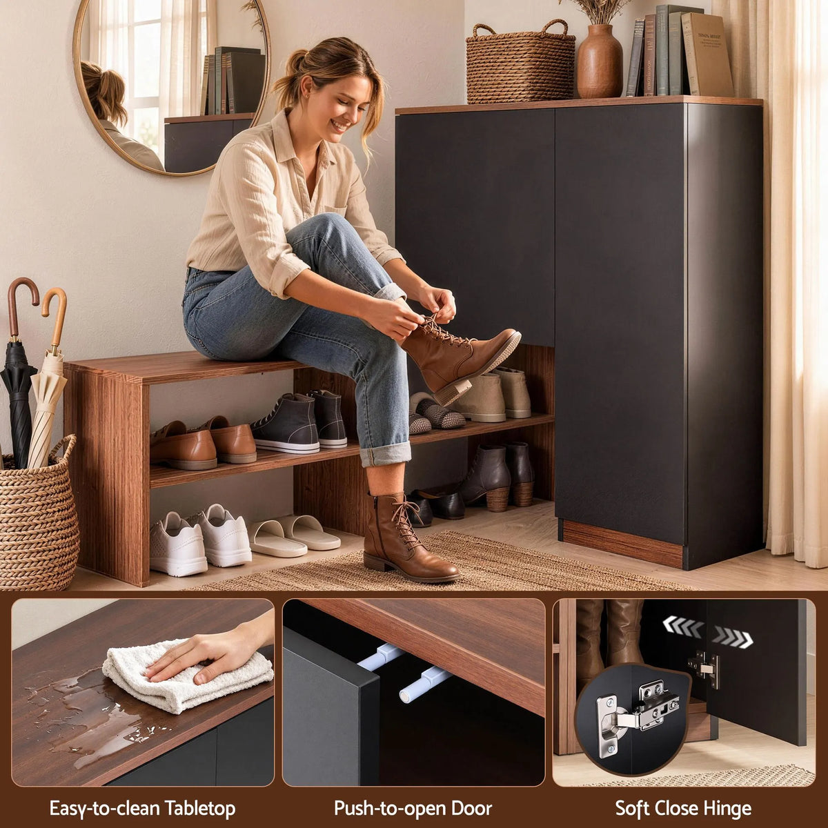 Artiss 2-IN-1 Shoe Cabinet Bench w/ Adjustable Shelf Hallway Walnut & Black - Image 9