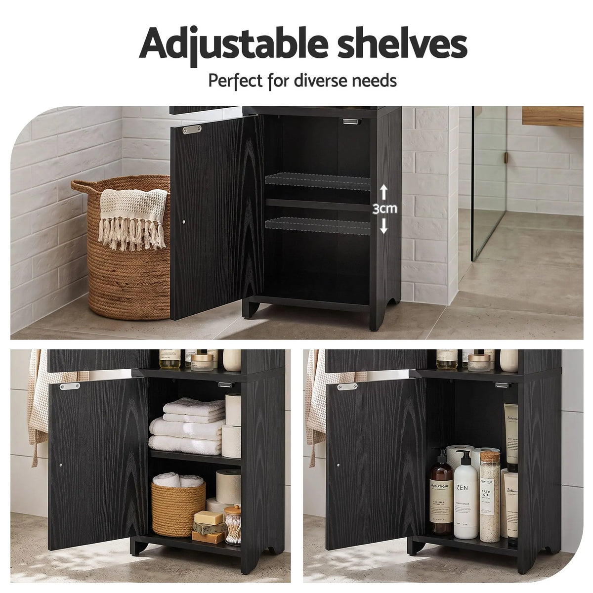 Artiss Bathroom Storage Cabinet Freestanding Cupboard Narrow Floor Shelf Black - Image 7