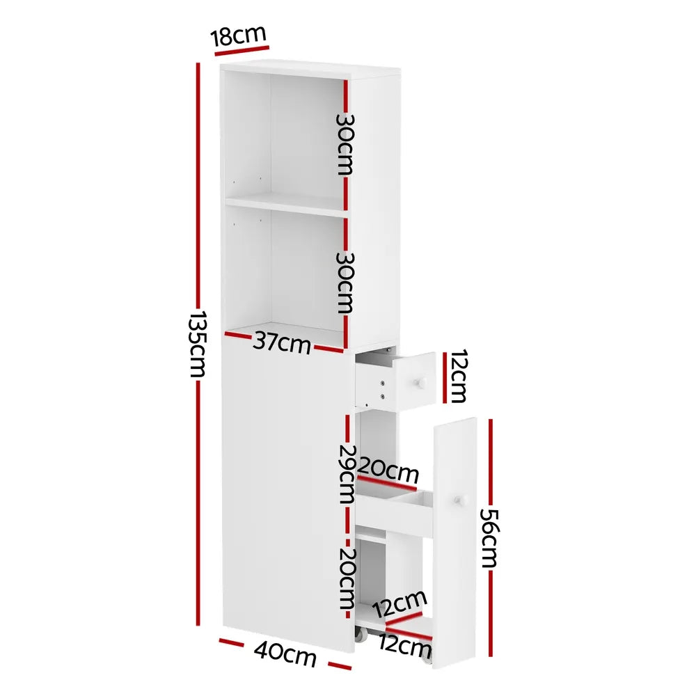 Artiss Bathroom Cabinet Storage Slim Organiser Drawer Toilet Corner 135cm White - Image 3