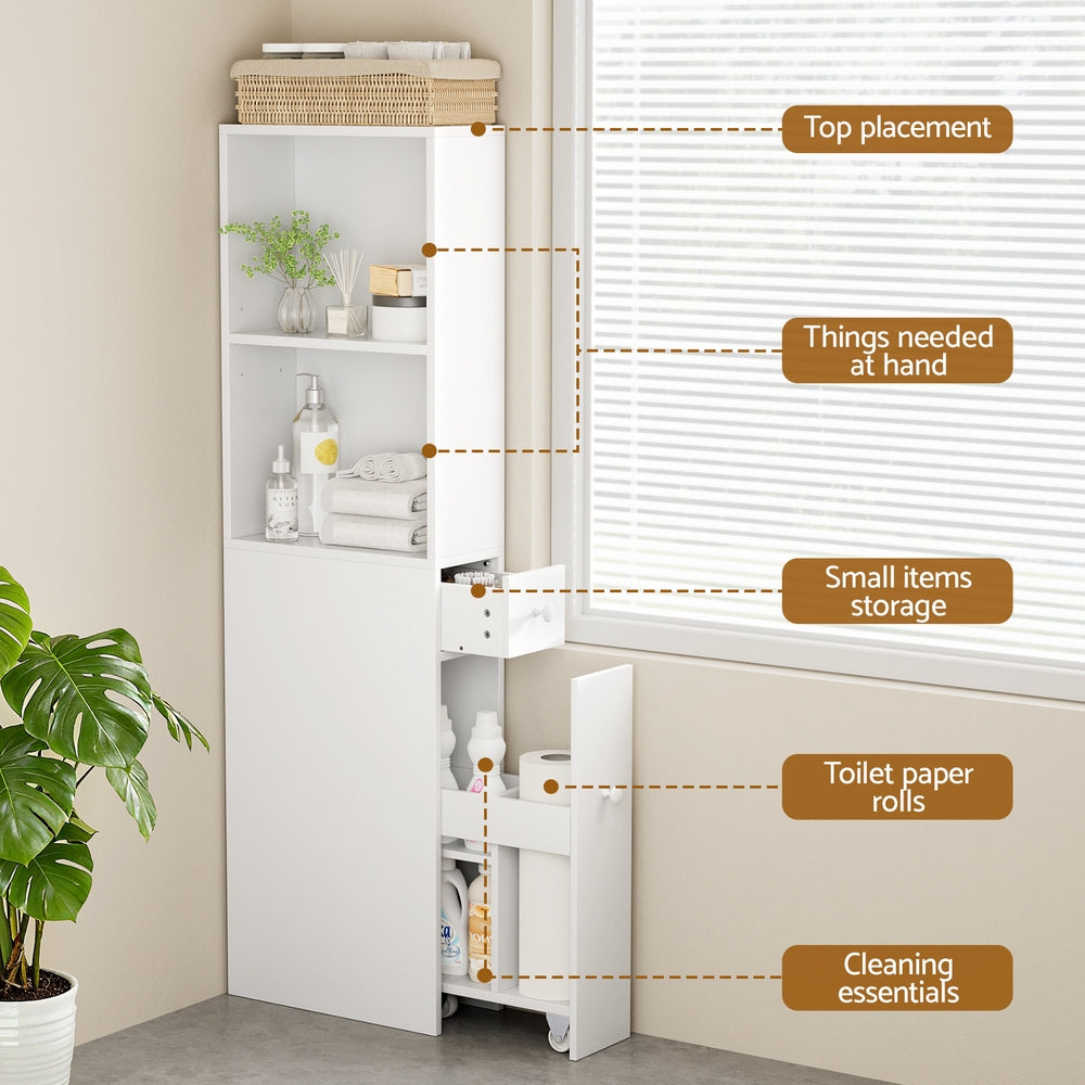 Artiss Bathroom Cabinet Storage Slim Organiser Drawer Toilet Corner 135cm White - Image 6