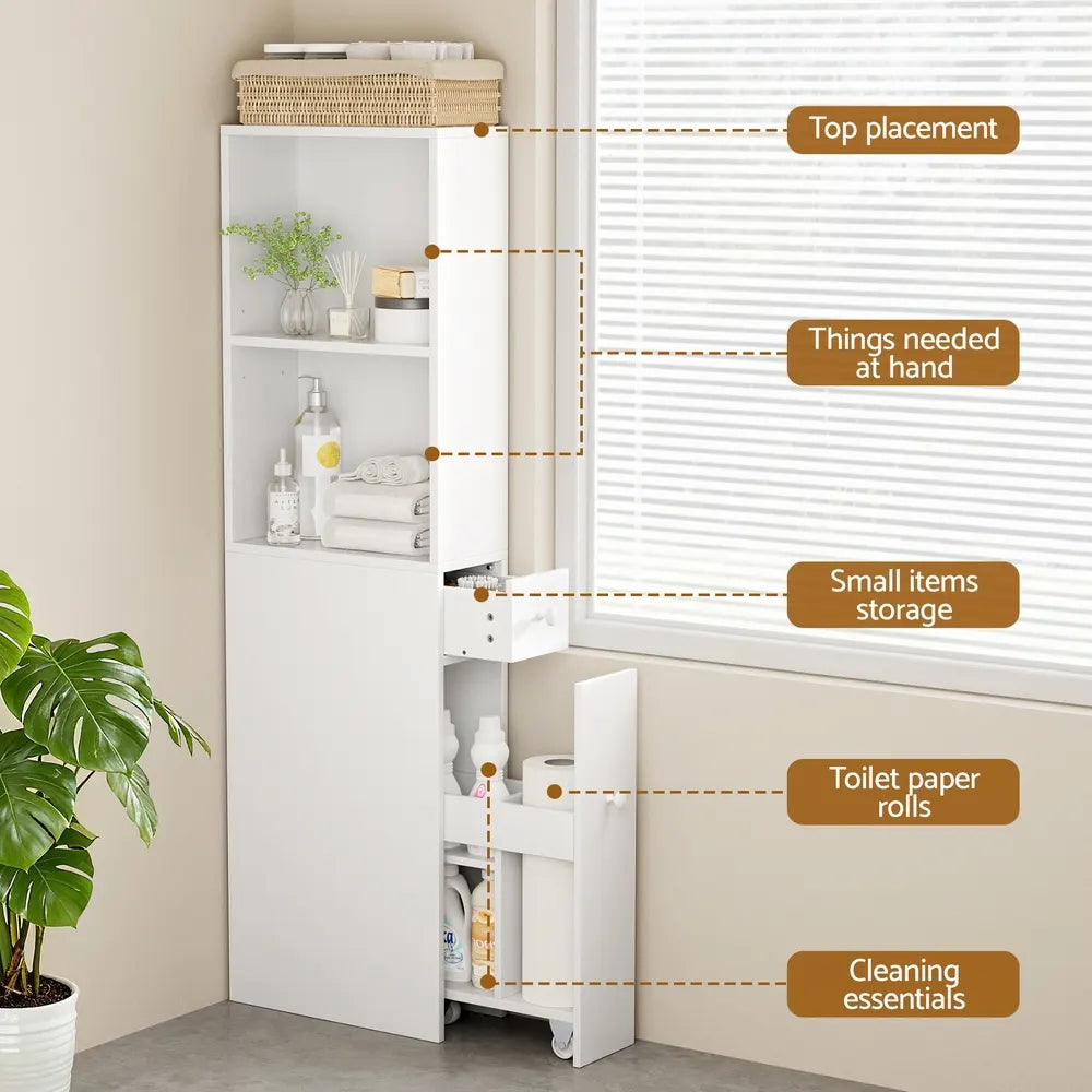 Artiss Bathroom Cabinet Storage Slim Organiser Drawer Toilet Corner 135cm White - Image 6