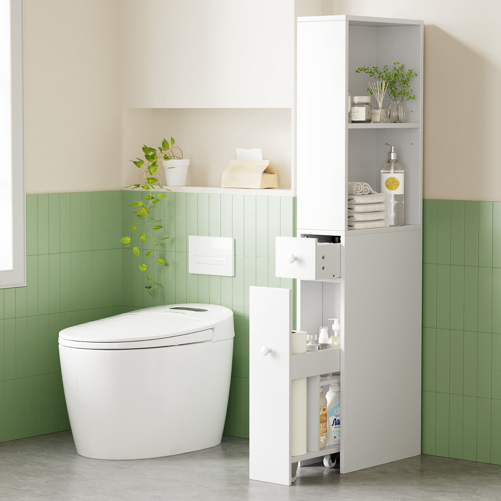 Artiss Bathroom Cabinet Storage Slim Organiser Drawer Toilet Corner 135cm White - Image 8