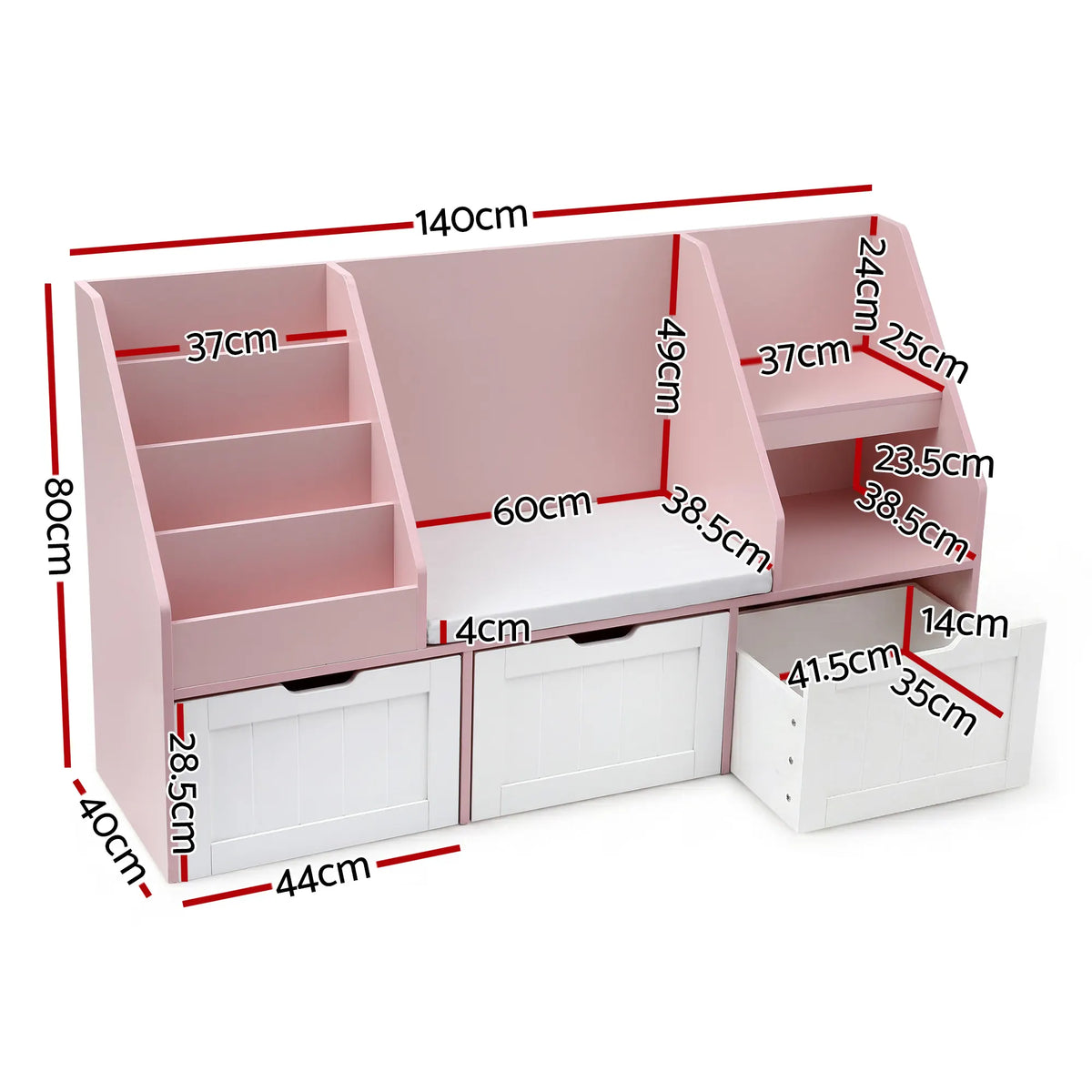 Keezi Kids Bookshelf Storage Organiser Toy Box Drawer Bench Seat Cabinet Pink - Image 3