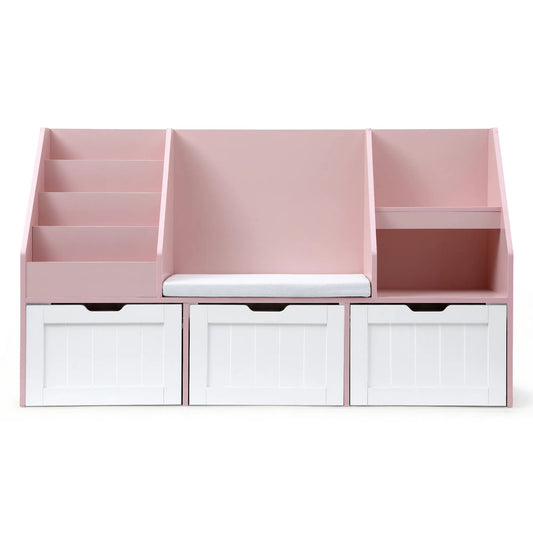 Keezi Kids Bookshelf Storage Organiser Toy Box Drawer Bench Seat Cabinet Pink - Image 4