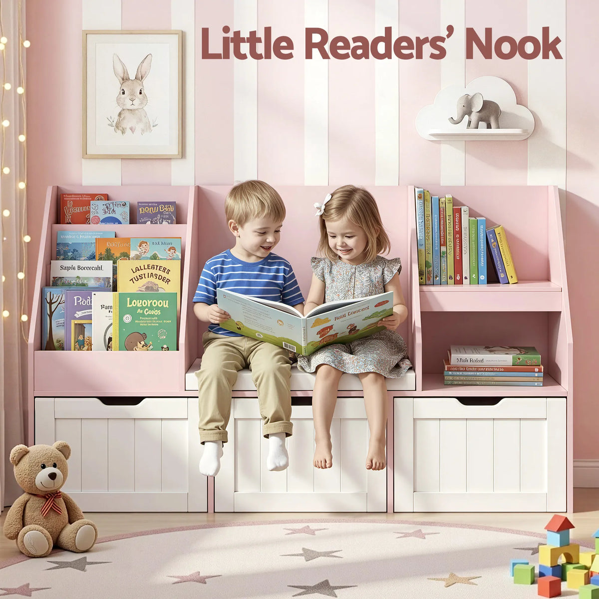 Keezi Kids Bookshelf Storage Organiser Toy Box Drawer Bench Seat Cabinet Pink - Image 5