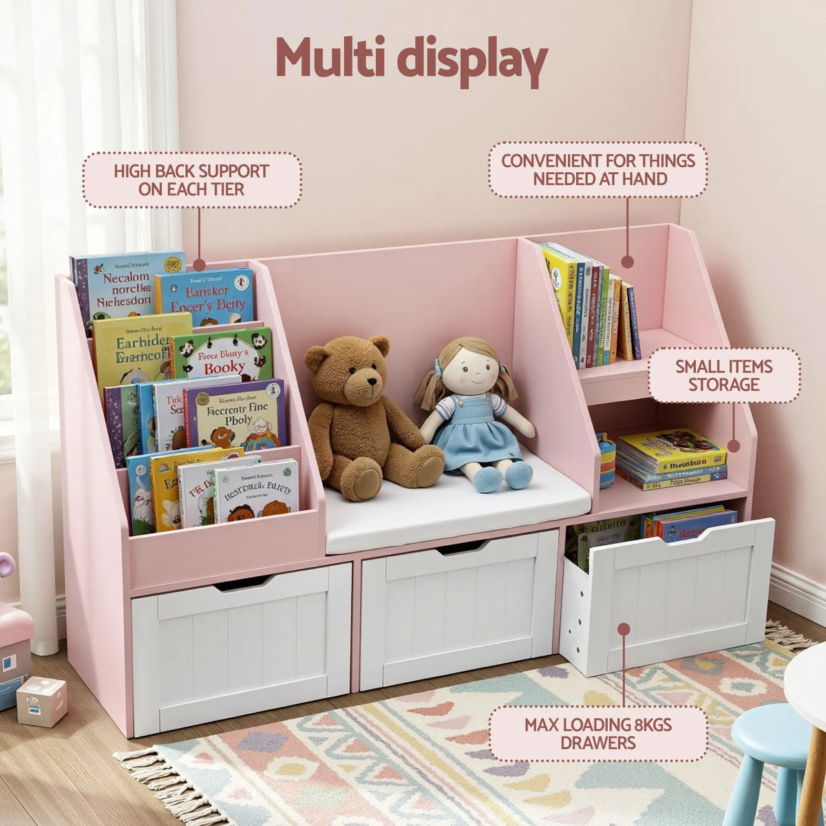 Keezi Kids Bookshelf Storage Organiser Toy Box Drawer Bench Seat Cabinet Pink - Image 6