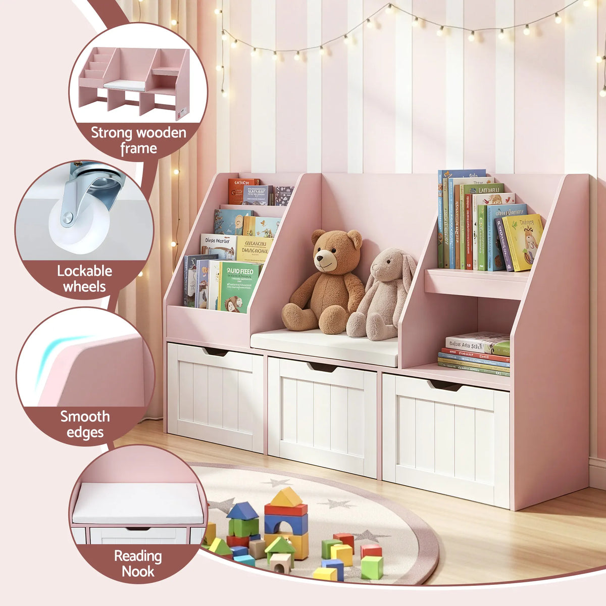 Keezi Kids Bookshelf Storage Organiser Toy Box Drawer Bench Seat Cabinet Pink - Image 7