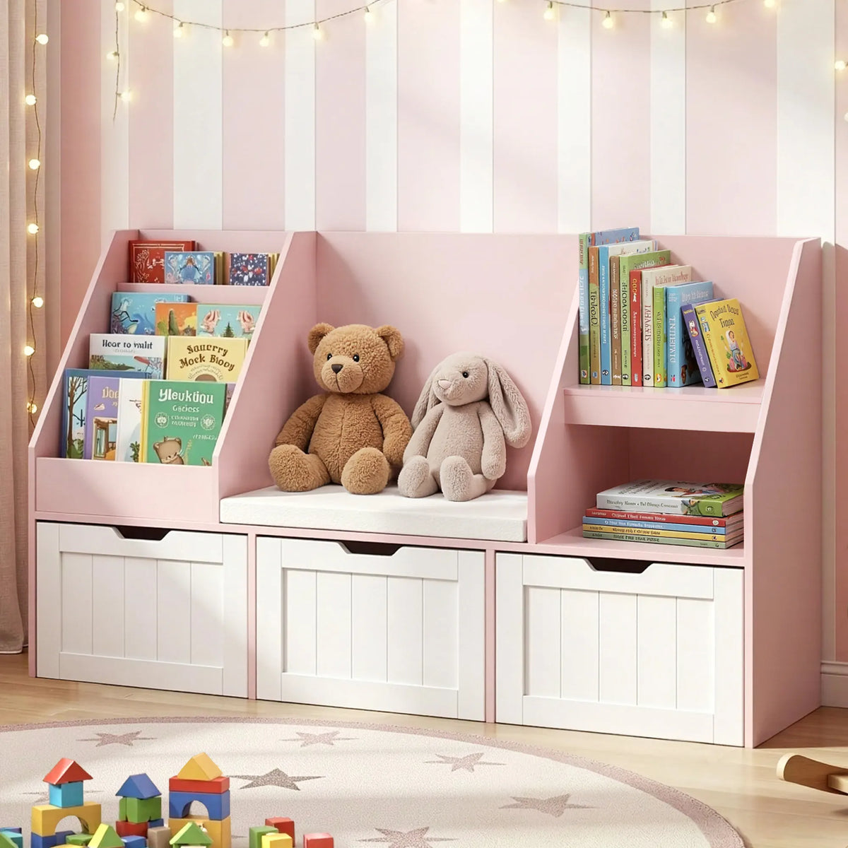 Keezi Kids Bookshelf Storage Organiser Toy Box Drawer Bench Seat Cabinet Pink - Image 8