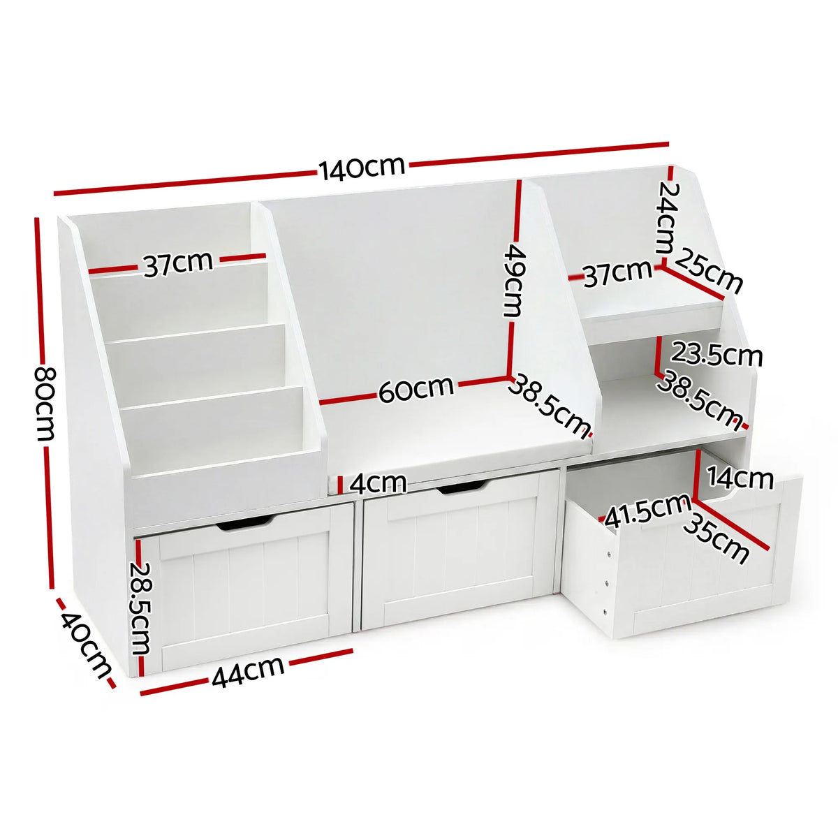 Keezi Kids Bookshelf Storage Organiser Toy Box Drawer Bench Seat Cabinet White - Image 3