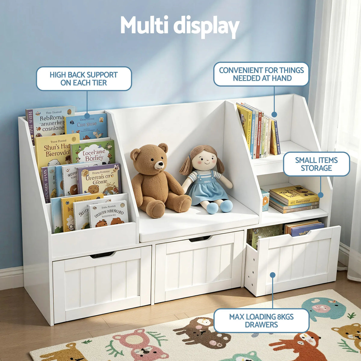 Keezi Kids Bookshelf Storage Organiser Toy Box Drawer Bench Seat Cabinet White - Image 6