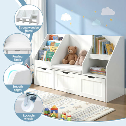 Keezi Kids Bookshelf Storage Organiser Toy Box Drawer Bench Seat Cabinet White - Image 7