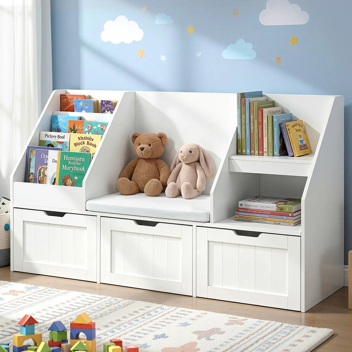 Keezi Kids Bookshelf Storage Organiser Toy Box Drawer Bench Seat Cabinet White - Image 9
