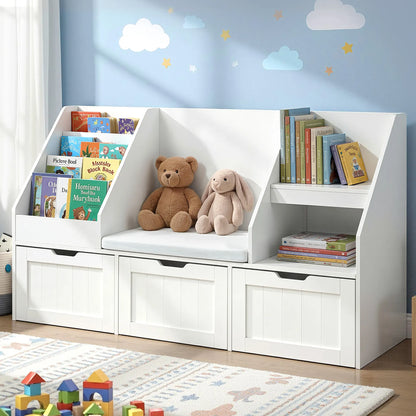 Keezi Kids Bookshelf Storage Organiser Toy Box Drawer Bench Seat Cabinet White - Image 9