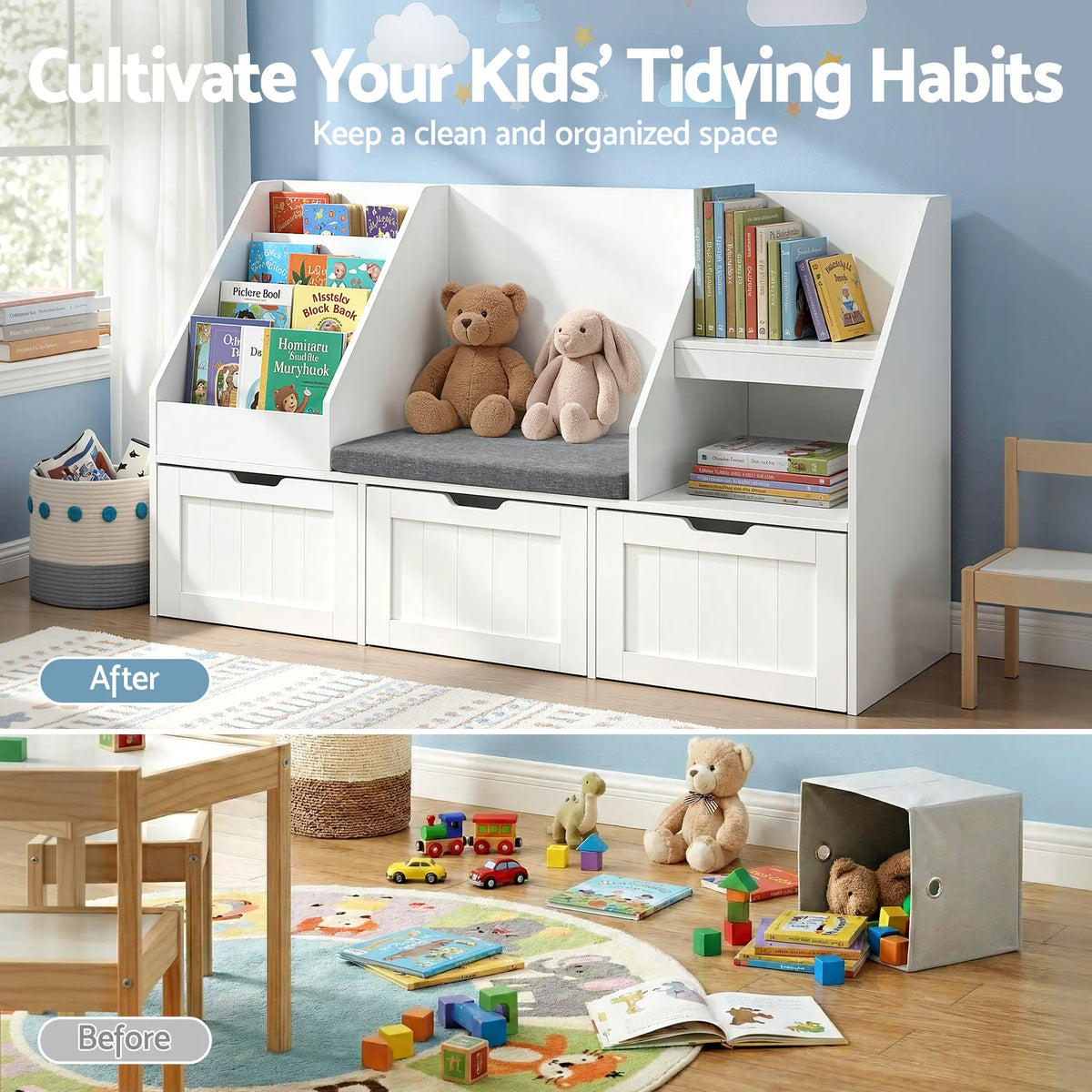 Keezi Kids Bookshelf Storage Organiser Toy Box Drawer Bench Seat Cabinet White - Image 8
