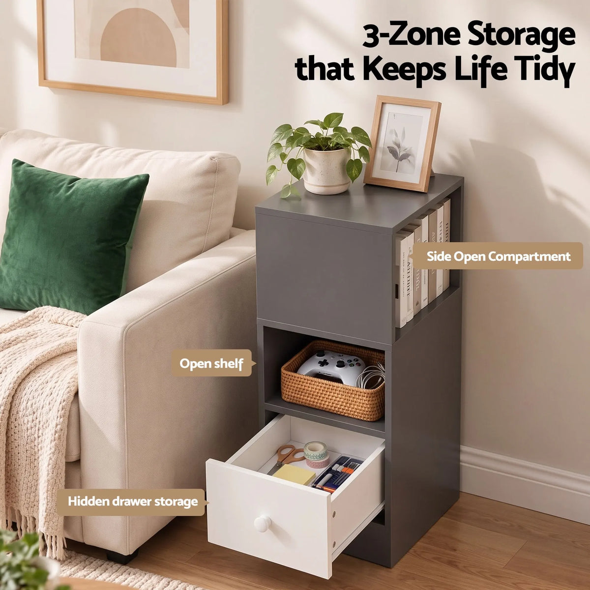 Artiss Narrow Bedside Table Grey Small Side Cabinet 1 Drawer - Image 6