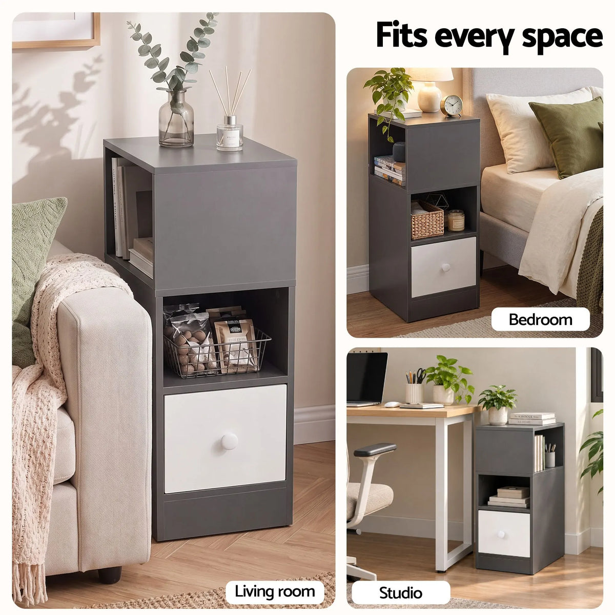 Artiss Narrow Bedside Table Grey Small Side Cabinet 1 Drawer - Image 9