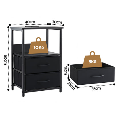 Artiss Bedside Table LED Nightstand Charging Station 2 Drawers Foldable Black - Image 3