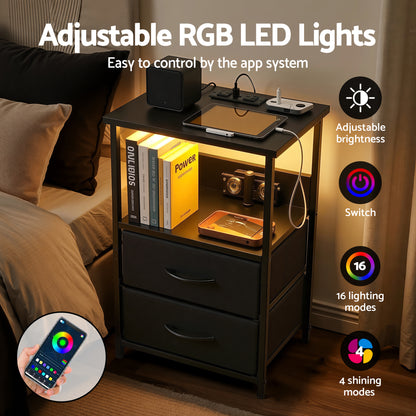 Artiss Bedside Table LED Nightstand Charging Station 2 Drawers Foldable Black - Image 5