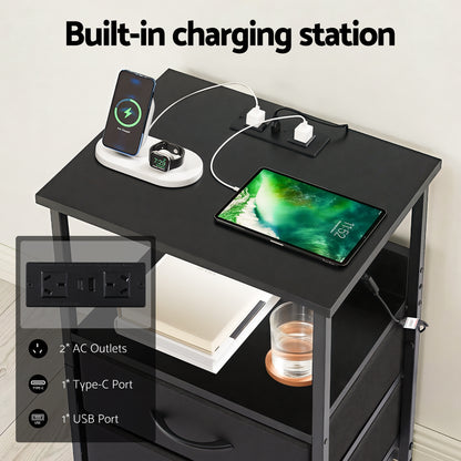 Artiss Bedside Table LED Nightstand Charging Station 2 Drawers Foldable Black - Image 6