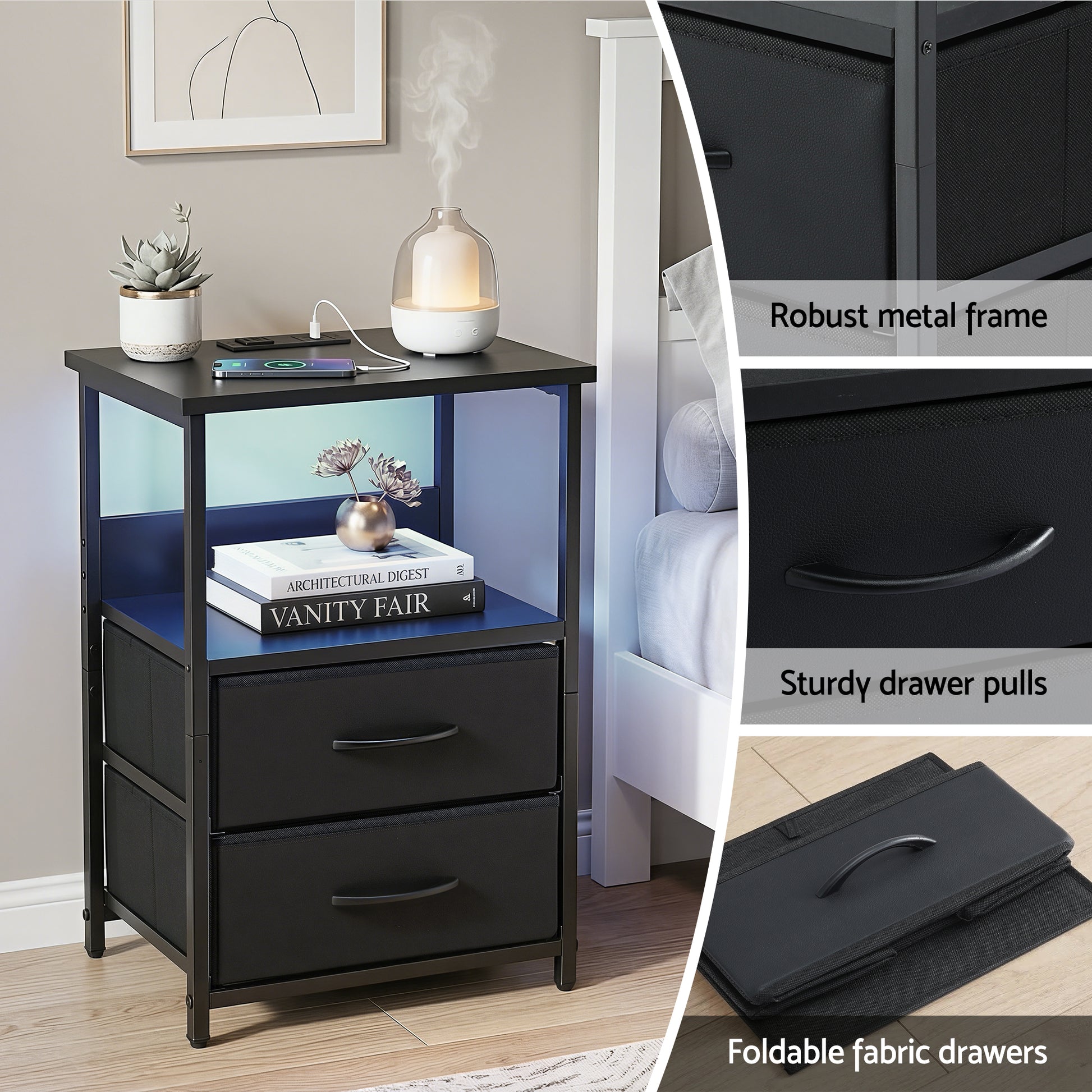 Artiss Bedside Table LED Nightstand Charging Station 2 Drawers Foldable Black - Image 7