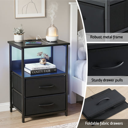 Artiss Bedside Table LED Nightstand Charging Station 2 Drawers Foldable Black - Image 7