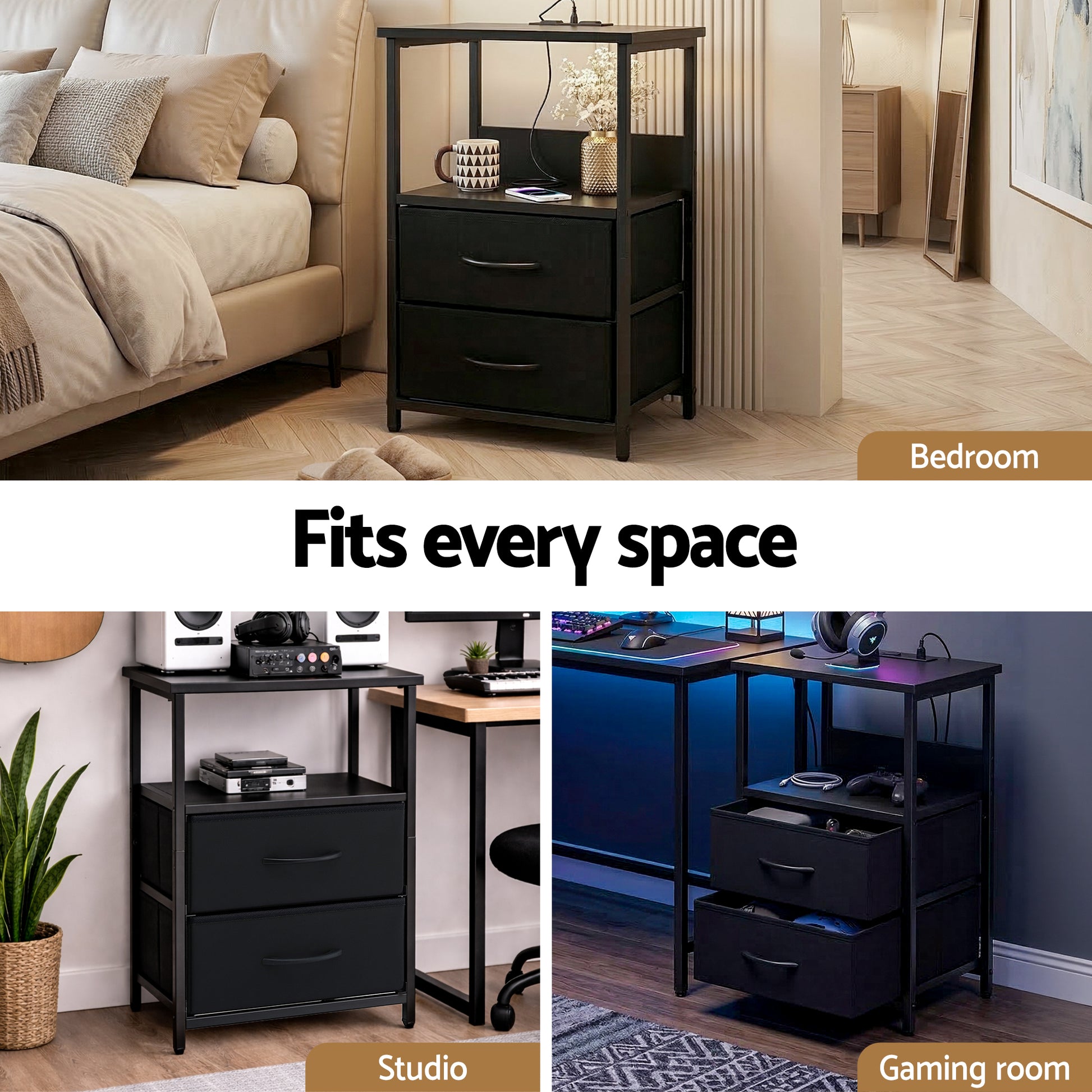 Artiss Bedside Table LED Nightstand Charging Station 2 Drawers Foldable Black - Image 8