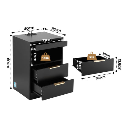 Artiss Bedside Table LED Nightstand Charging Station 2 Drawers - Black - Image 3
