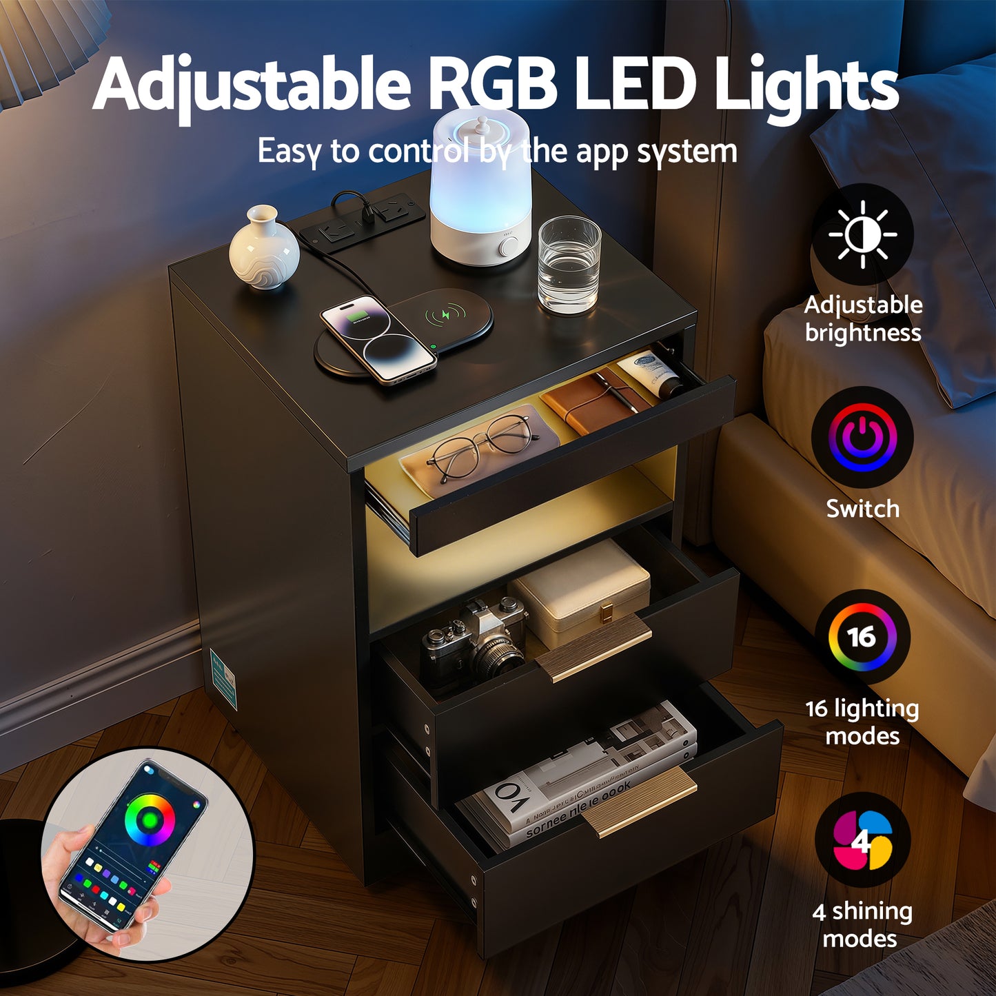 Artiss Bedside Table LED Nightstand Charging Station 2 Drawers - Black - Image 5