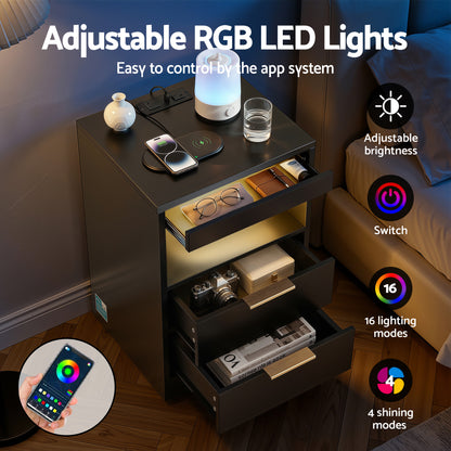 Artiss Bedside Table LED Nightstand Charging Station 2 Drawers - Black - Image 5