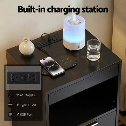 Artiss Bedside Table LED Nightstand Charging Station 2 Drawers - Black - Image 6