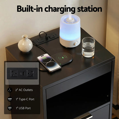 Artiss Bedside Table LED Nightstand Charging Station 2 Drawers - Black - Image 6
