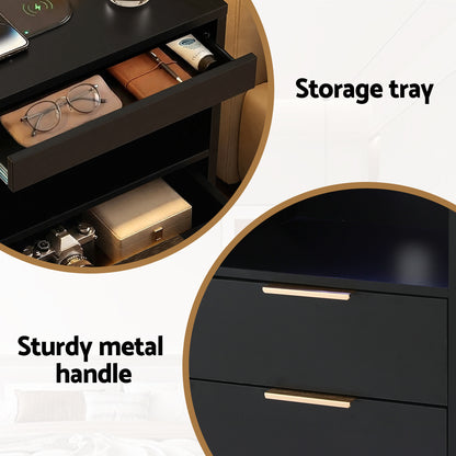 Artiss Bedside Table LED Nightstand Charging Station 2 Drawers - Black - Image 7