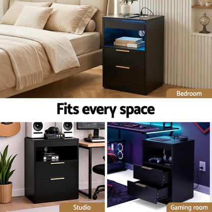 Artiss Bedside Table LED Nightstand Charging Station 2 Drawers - Black - Image 8