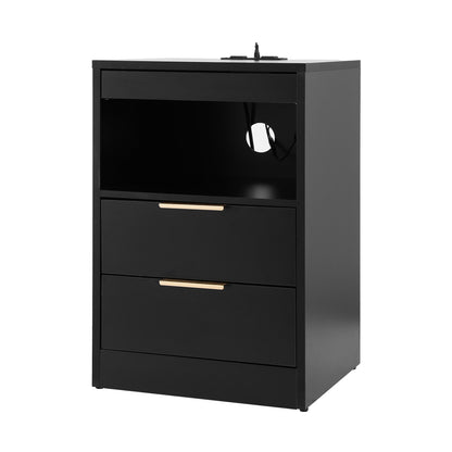 Artiss Bedside Table LED Nightstand Charging Station 2 Drawers - Black - Image 9
