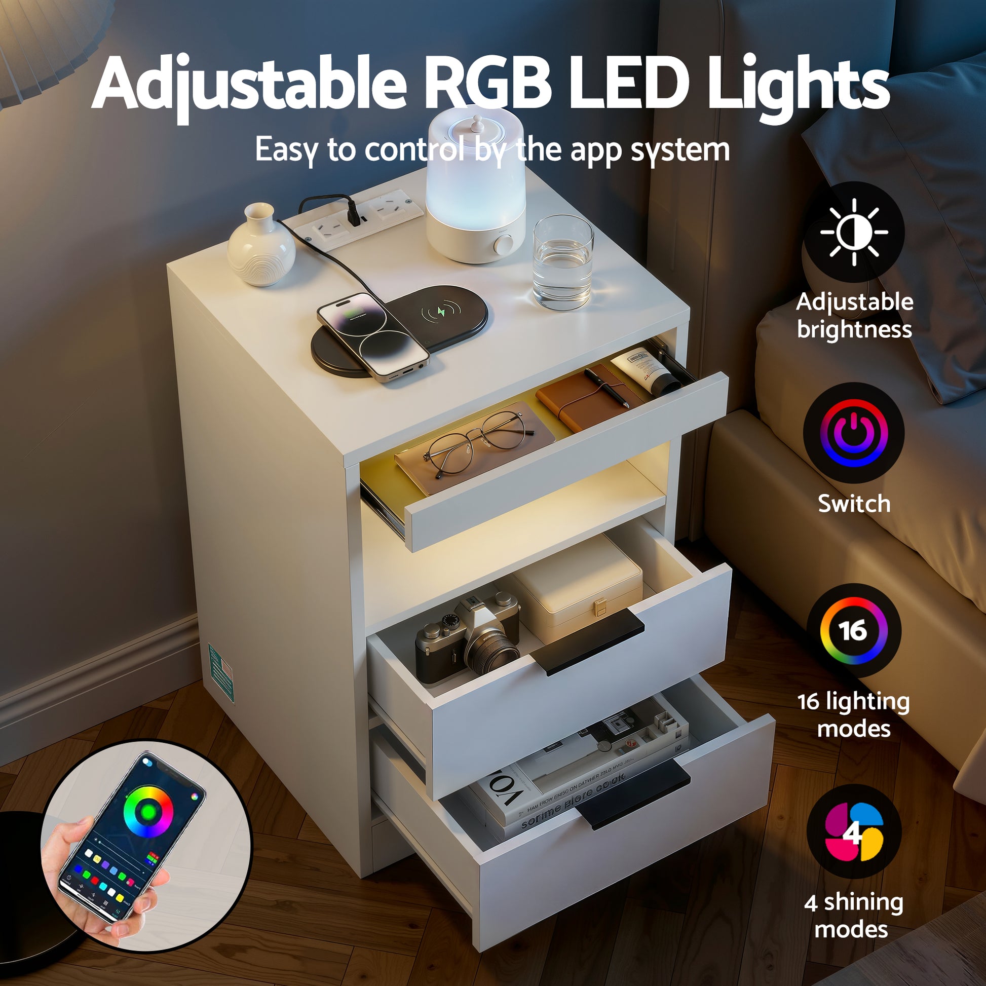 Artiss Bedside Table LED Nightstand Charging Station 2 Drawers - White - Image 5