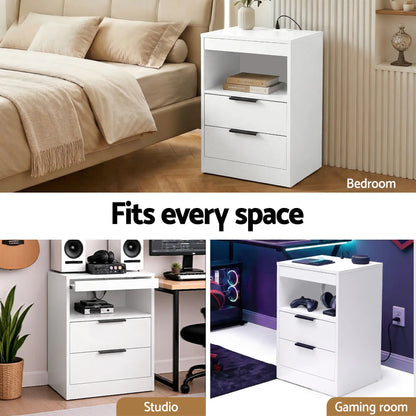 Artiss Bedside Table LED Nightstand Charging Station 2 Drawers - White - Image 8