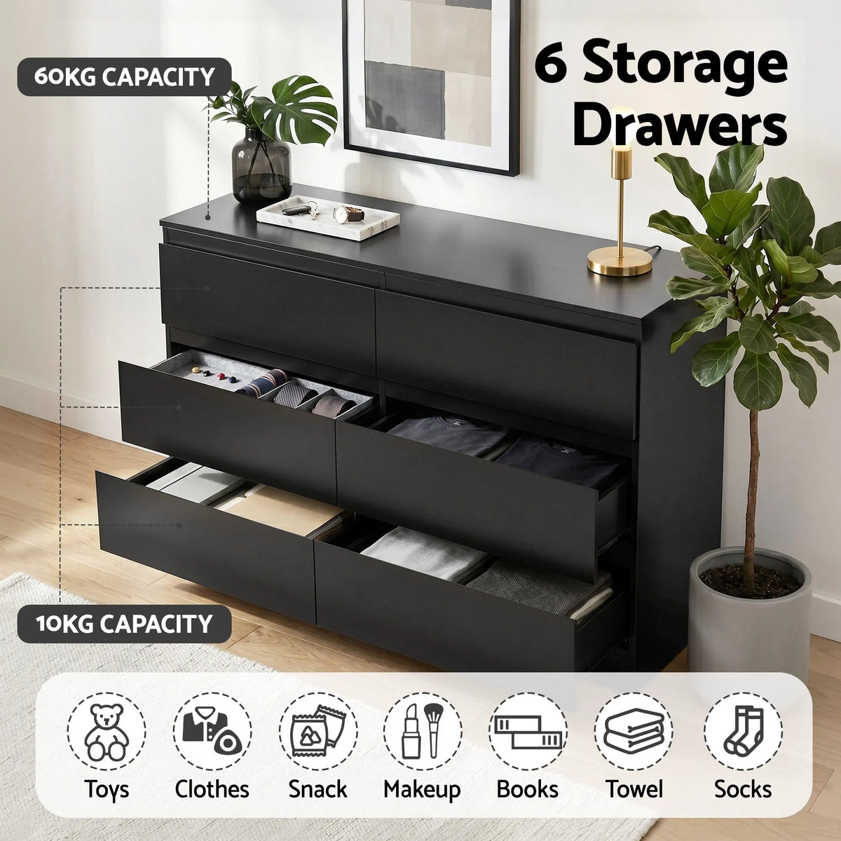 Artiss 6 Chest of Drawers Lowboy Black - Image 5