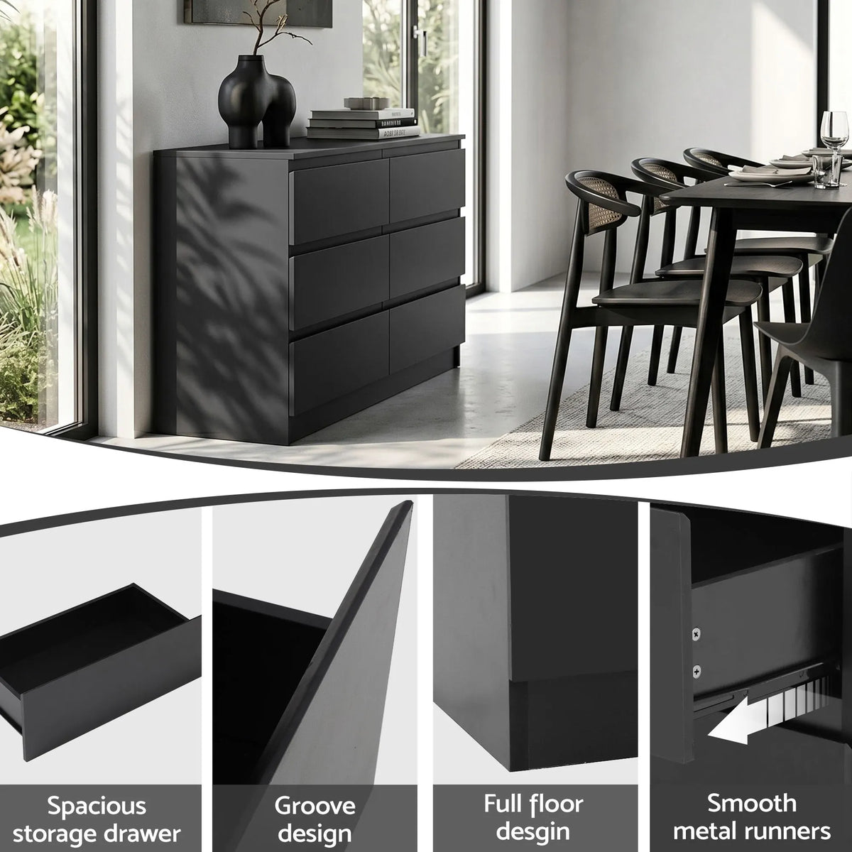 Artiss 6 Chest of Drawers Lowboy Black - Image 7