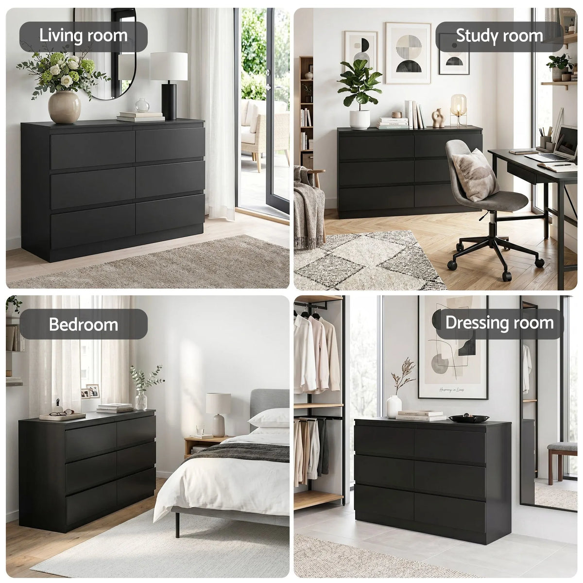 Artiss 6 Chest of Drawers Lowboy Black - Image 8