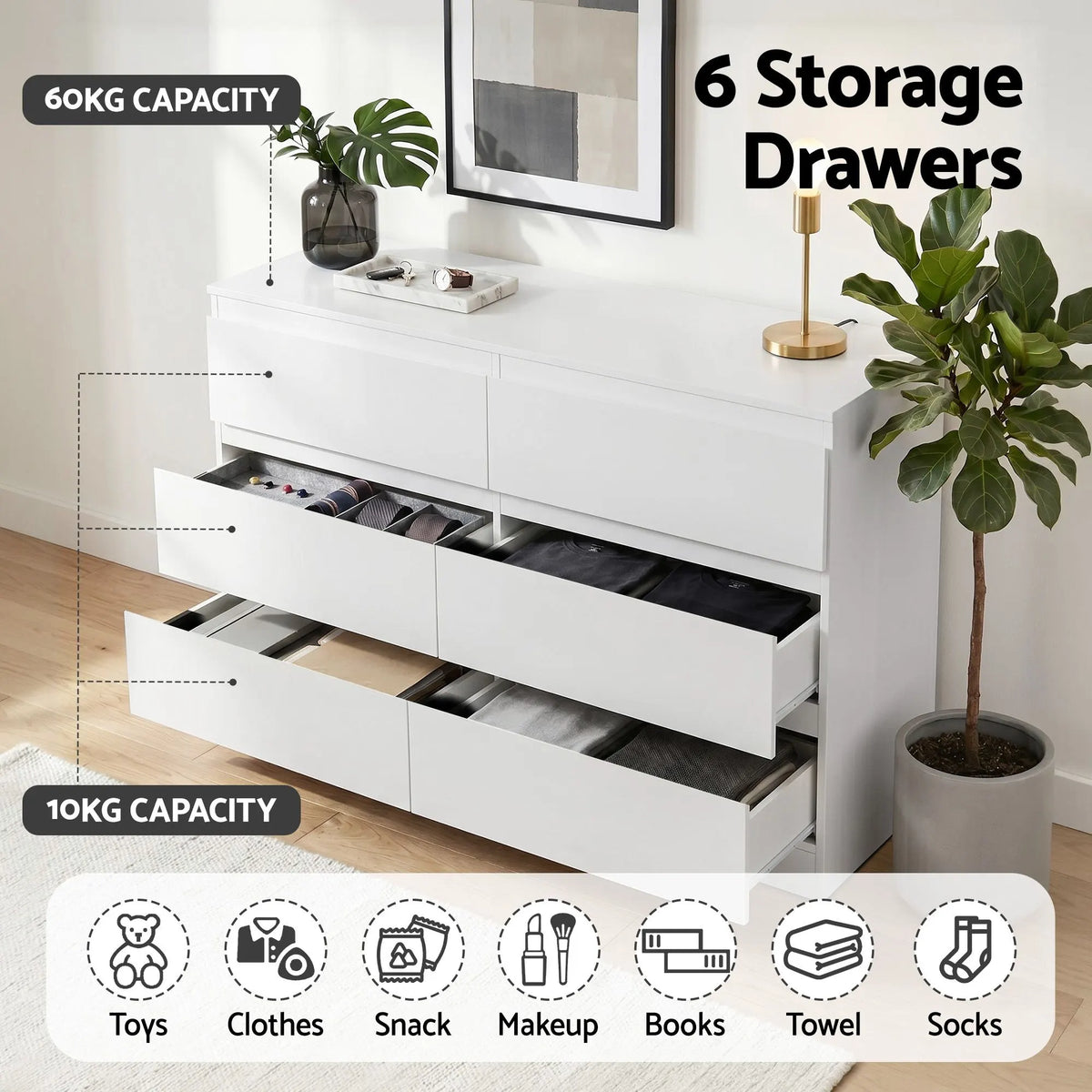 Artiss 6 Chest of Drawers Lowboy White - Image 5