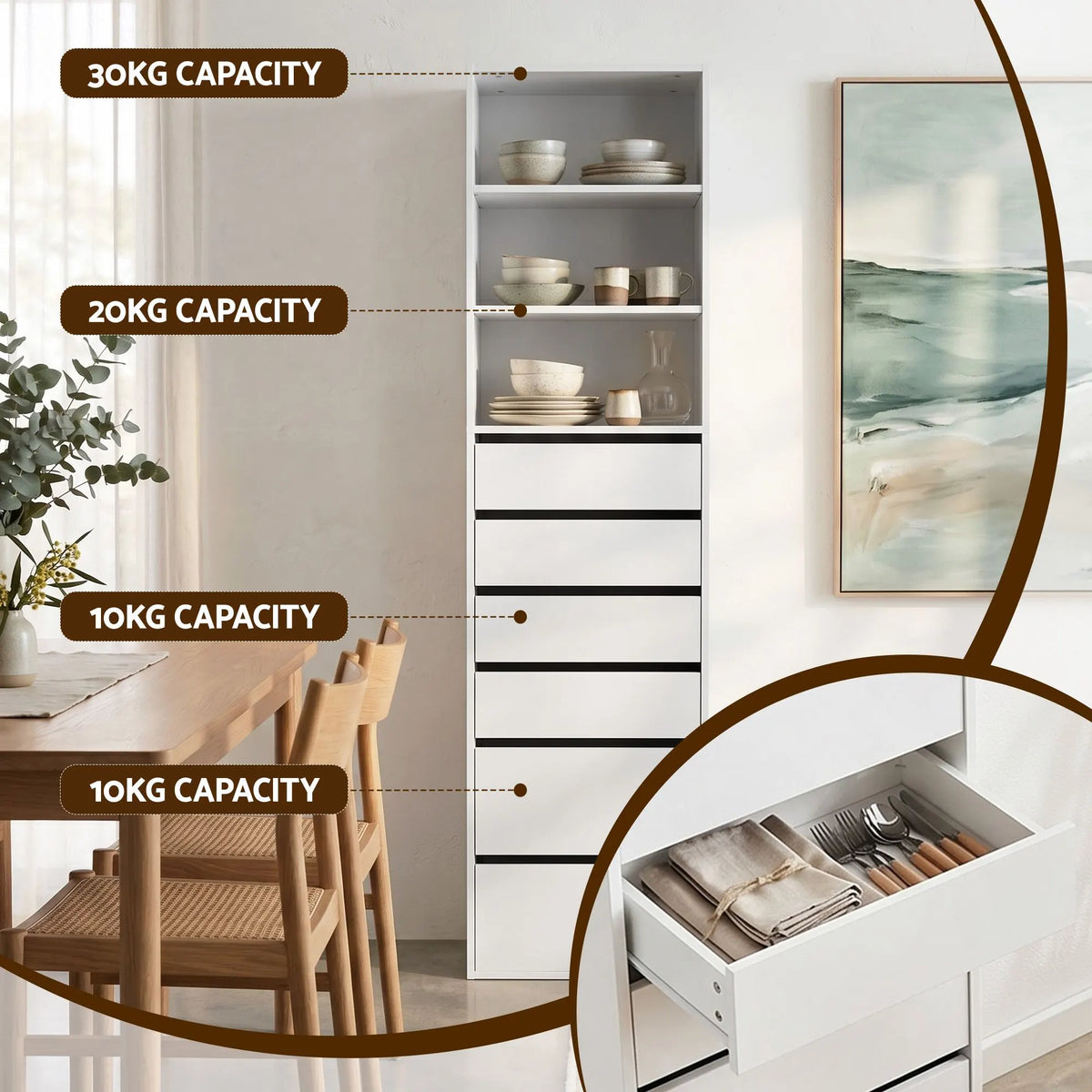 Artiss 2x Chest of 6 Drawers Tallboy Cabinet Adjustable Shelf White - Image 6