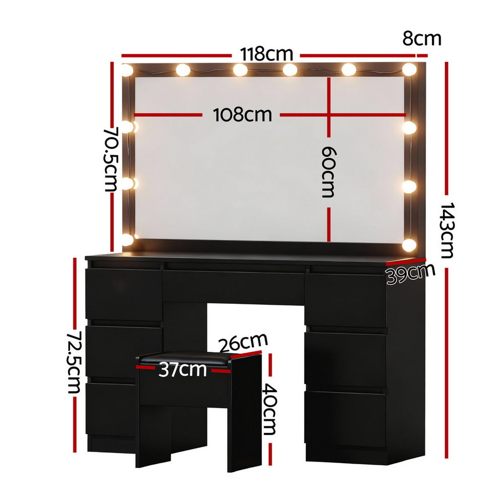 Artiss Dressing Table Vanity Desk Set Stool 12 Led Bulbs Black - Image 3
