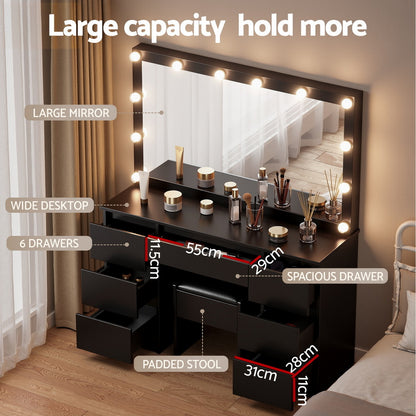 Artiss Dressing Table Vanity Desk Set Stool 12 Led Bulbs Black - Image 6