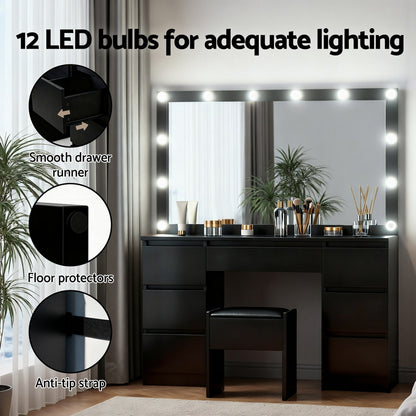 Artiss Dressing Table Vanity Desk Set Stool 12 Led Bulbs Black - Image 7