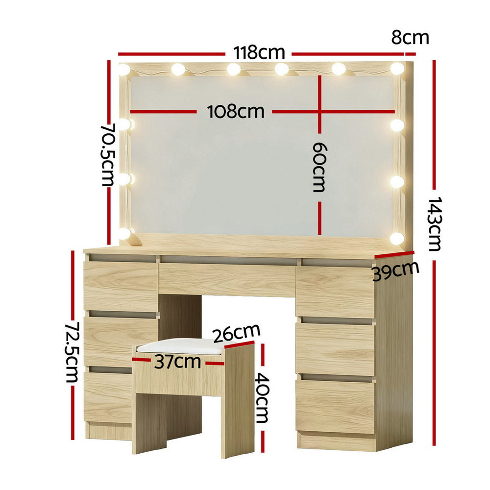 Artiss Dressing Table Vanity Desk Set Stool 12 Led Bulbs Wood - Image 3